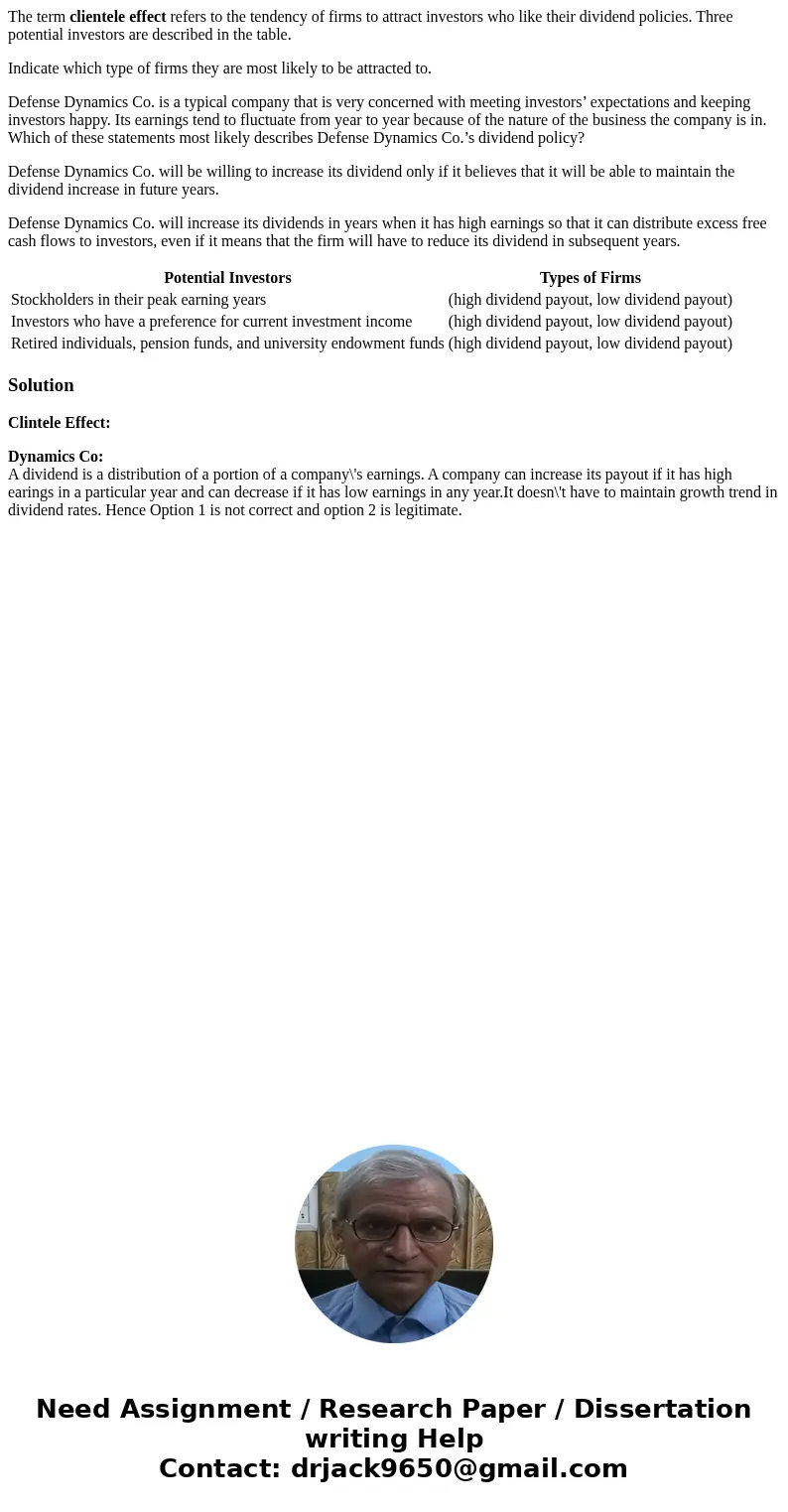The term clientele effect refers to the tendency of firms to attract investors who like their dividend policies. Three potential investors are described in the  The term clientele effect refers to the tendency of firms to attract investors who like their dividend policies. Three potential investors are described in the