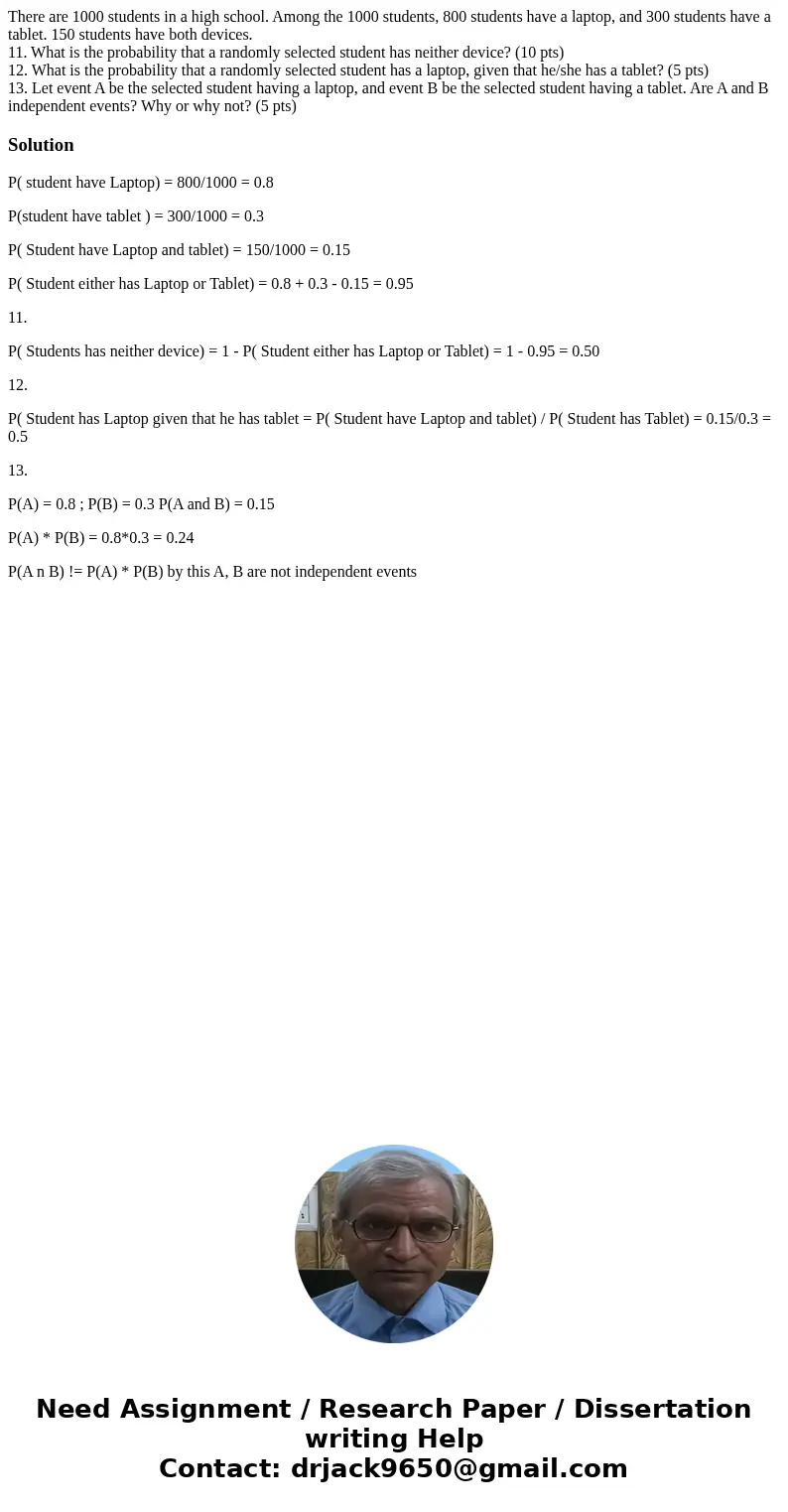 There are 1000 students in a high school. Among the 1000 students, 800 students have a laptop, and 300 students have a tablet. 150 students have both devices. 1