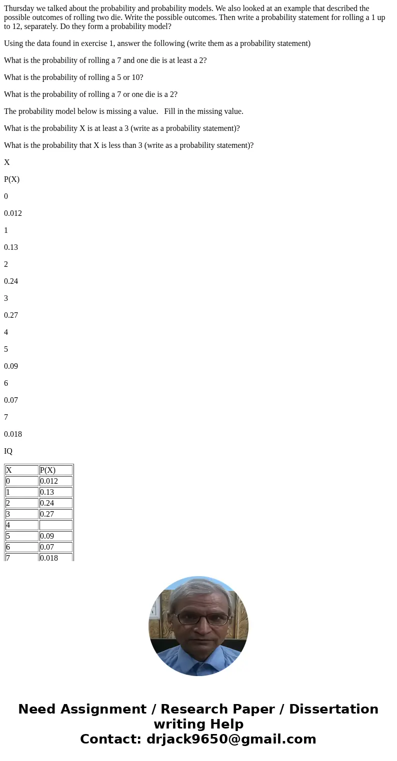 Thursday we talked about the probability and probability models. We also looked at an example that described the possible outcomes of rolling two die. Write the Thursday we talked about the probability and probability models. We also looked at an example that described the possible outcomes of rolling two die. Write the