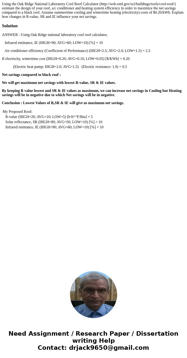 Using the Oak Ridge National Laboratory Cool Roof Calculator (http://web.ornl.gov/sci/buildings/tools/cool-roof/) estimate the design of your roof, a/c conditio Using the Oak Ridge National Laboratory Cool Roof Calculator (http://web.ornl.gov/sci/buildings/tools/cool-roof/) estimate the design of your roof, a/c conditio