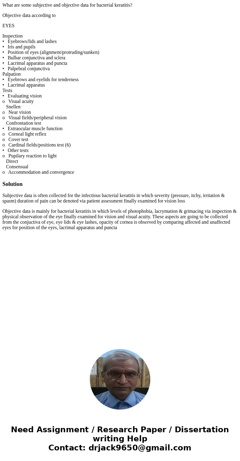What are some subjective and objective data for bacterial keratitis? Objective data according to EYES Inspection • Eyebrows/lids and lashes • Iris and pupils •  What are some subjective and objective data for bacterial keratitis? Objective data according to EYES Inspection • Eyebrows/lids and lashes • Iris and pupils •