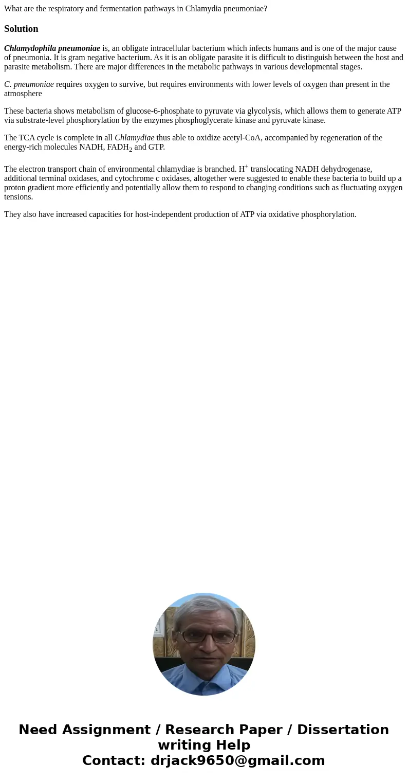 What are the respiratory and fermentation pathways in Chlamydia pneumoniae?SolutionChlamydophila pneumoniae is, an obligate intracellular bacterium which infect What are the respiratory and fermentation pathways in Chlamydia pneumoniae?SolutionChlamydophila pneumoniae is, an obligate intracellular bacterium which infect