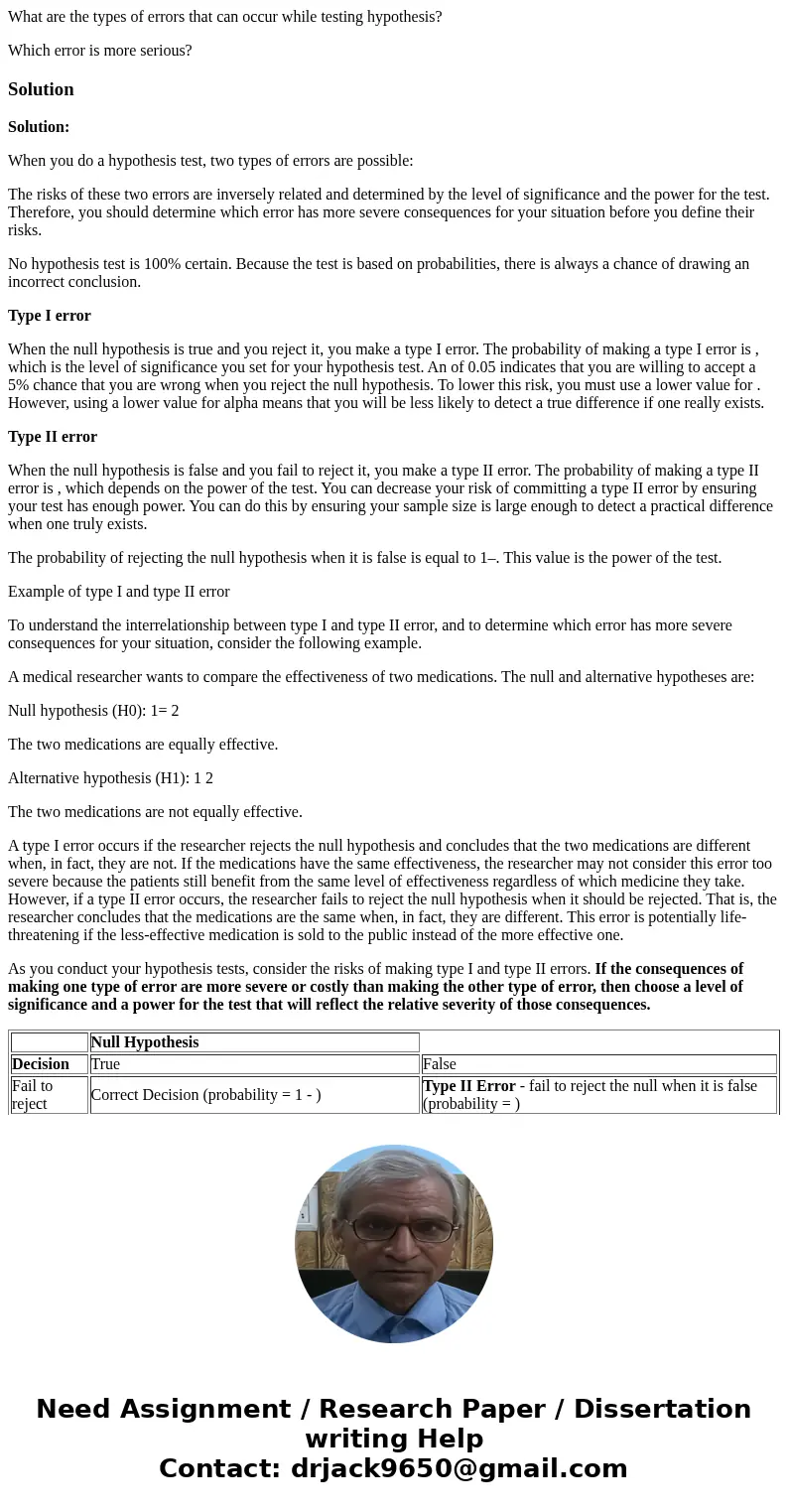What are the types of errors that can occur while testing hypothesis? Which error is more serious?SolutionSolution: When you do a hypothesis test, two types of 