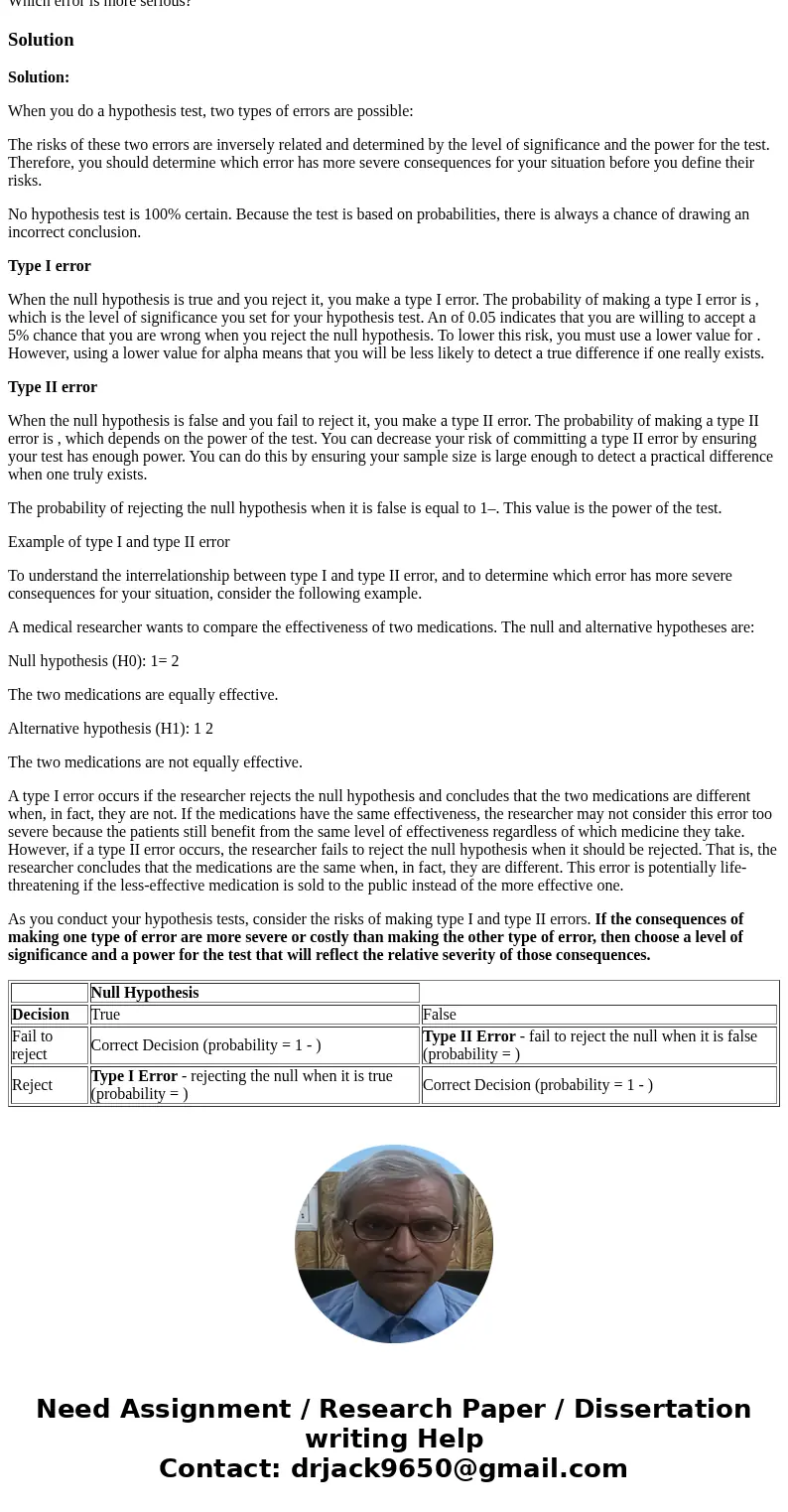 What are the types of errors that can occur while testing hypothesis? Which error is more serious?SolutionSolution: When you do a hypothesis test, two types of 