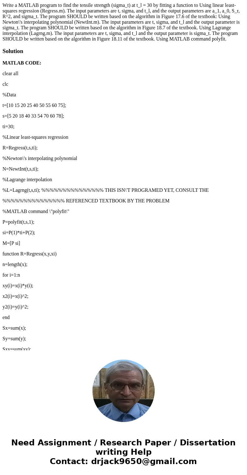  Write a MATLAB program to find the tensile strength (sigma_t) at t_l = 30 by fitting a function to Using linear least-squares regression (Regress.m). The input