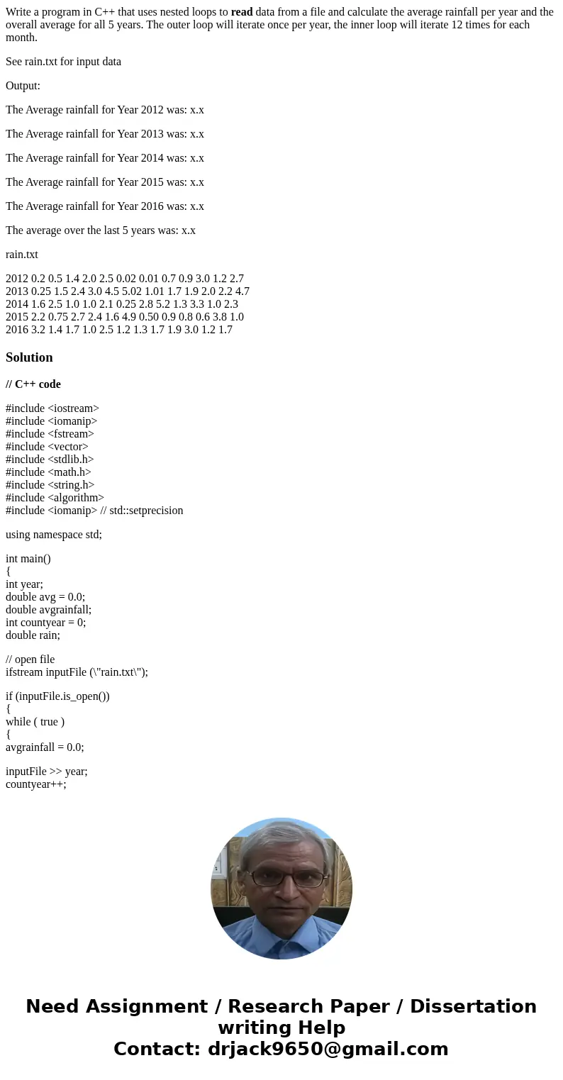Write a program in C++ that uses nested loops to read data from a file and calculate the average rainfall per year and the overall average for all 5 years. The 