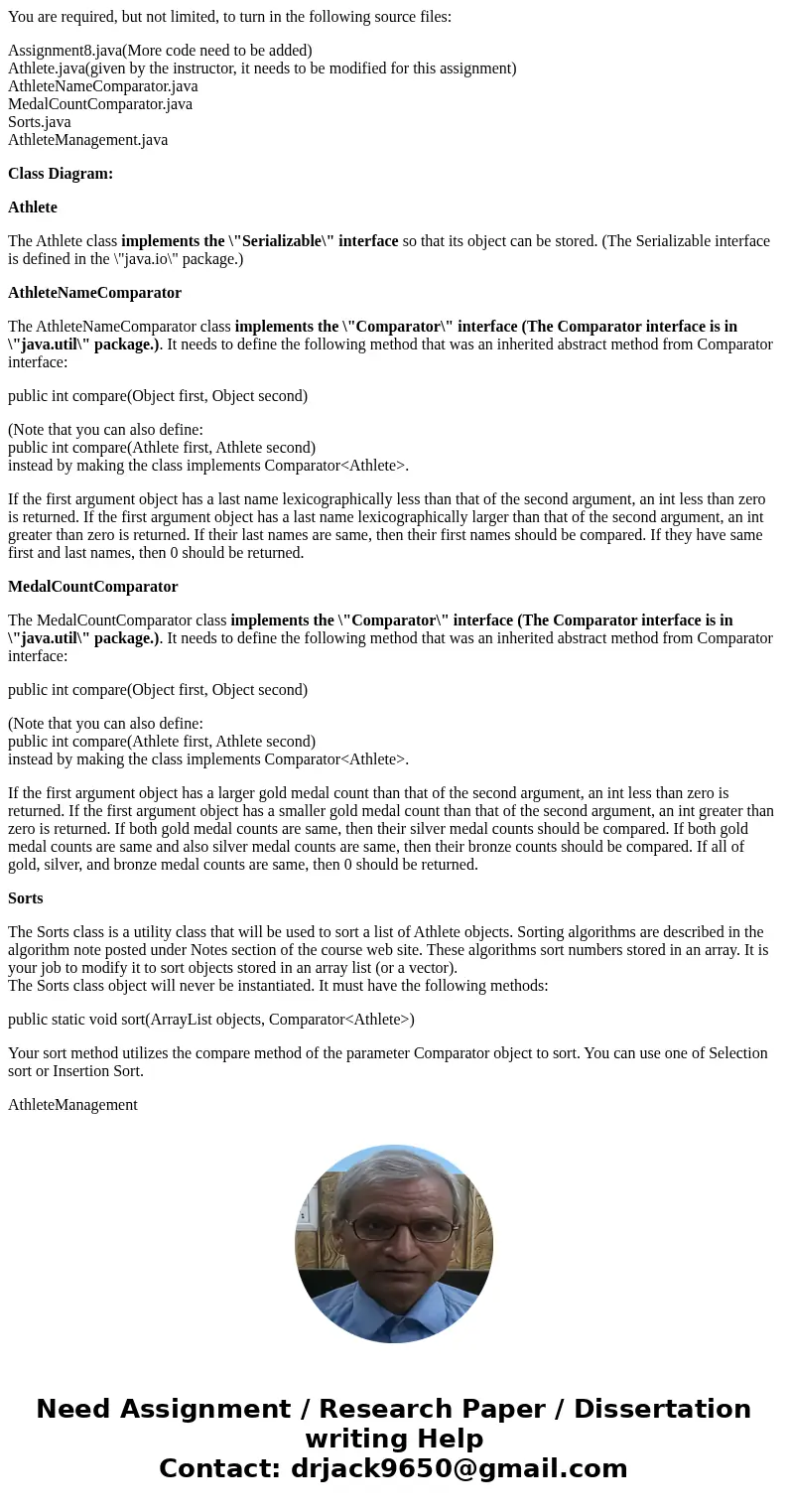 You are required, but not limited, to turn in the following source files: Assignment8.java(More code need to be added) Athlete.java(given by the instructor, it  You are required, but not limited, to turn in the following source files: Assignment8.java(More code need to be added) Athlete.java(given by the instructor, it