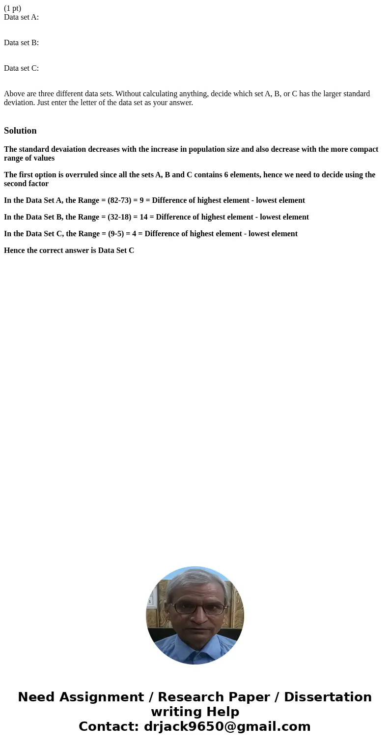 (1 pt) Data set A: Data set B: Data set C: Above are three different data sets. Without calculating anything, decide which set A, B, or C has the larger standar (1 pt) Data set A: Data set B: Data set C: Above are three different data sets. Without calculating anything, decide which set A, B, or C has the larger standar