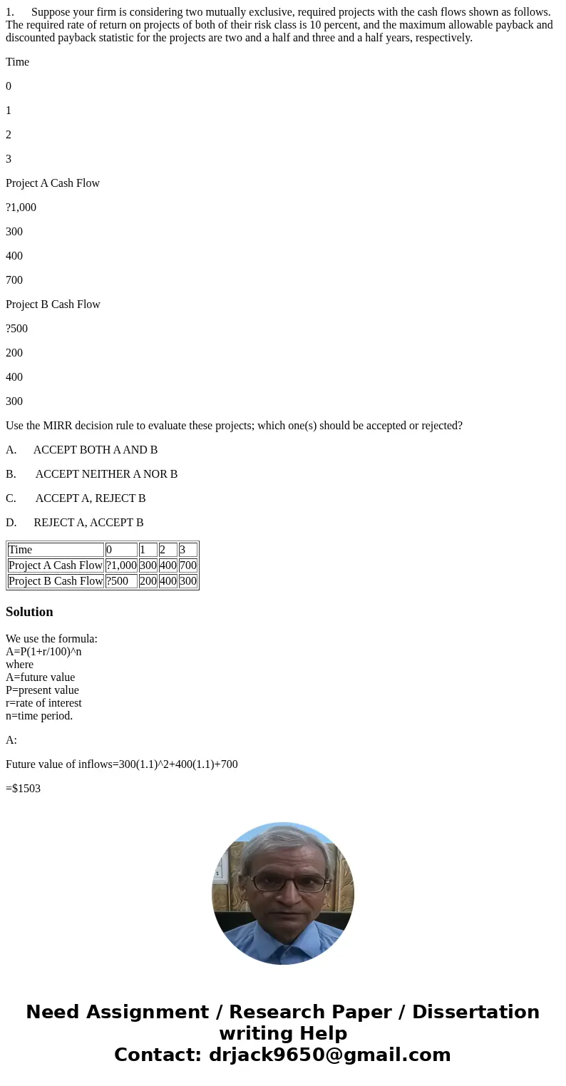 1. Suppose your firm is considering two mutually exclusive, required projects with the cash flows shown as follows. The required rate of return on projects of b 1. Suppose your firm is considering two mutually exclusive, required projects with the cash flows shown as follows. The required rate of return on projects of b