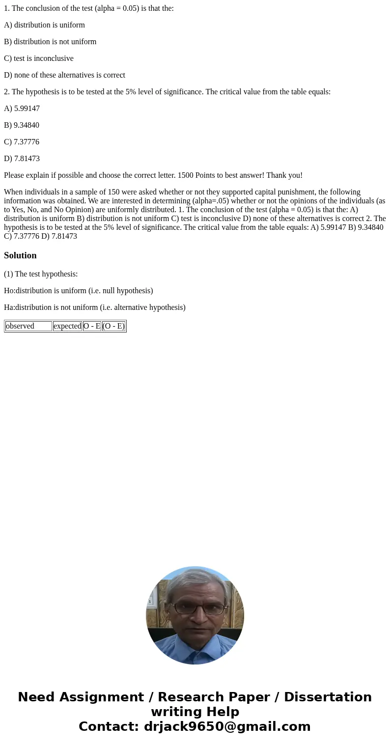 1. The conclusion of the test (alpha = 0.05) is that the: A) distribution is uniform B) distribution is not uniform C) test is inconclusive D) none of these alt 1. The conclusion of the test (alpha = 0.05) is that the: A) distribution is uniform B) distribution is not uniform C) test is inconclusive D) none of these alt