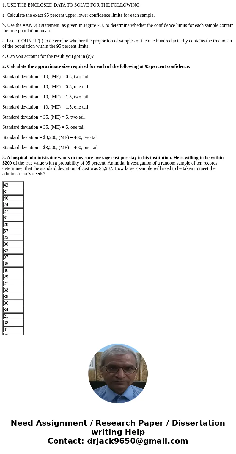 1. USE THE ENCLOSED DATA TO SOLVE FOR THE FOLLOWING: a. Calculate the exact 95 percent upper lower confidence limits for each sample. b. Use the =AND( ) stateme 1. USE THE ENCLOSED DATA TO SOLVE FOR THE FOLLOWING: a. Calculate the exact 95 percent upper lower confidence limits for each sample. b. Use the =AND( ) stateme