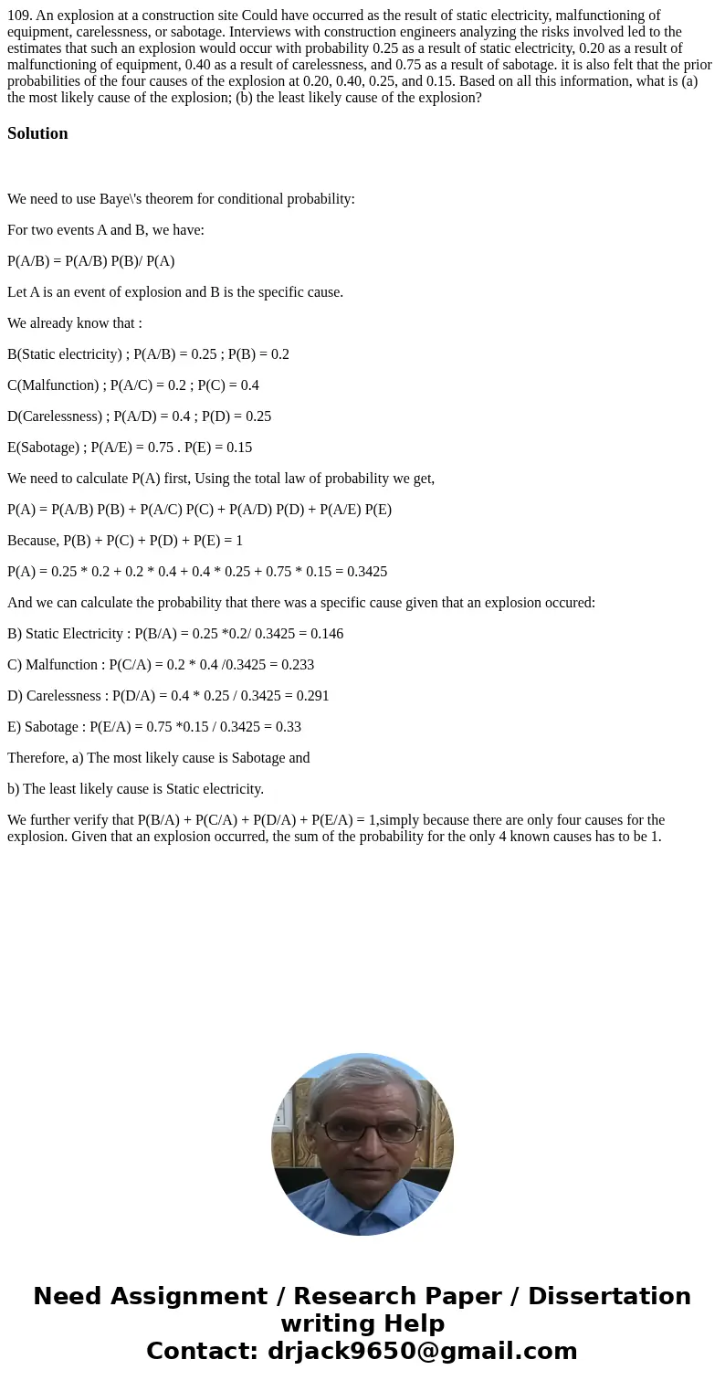 109. An explosion at a construction site Could have occurred as the result of static electricity, malfunctioning of equipment, carelessness, or sabotage. Inter  109. An explosion at a construction site Could have occurred as the result of static electricity, malfunctioning of equipment, carelessness, or sabotage. Inter