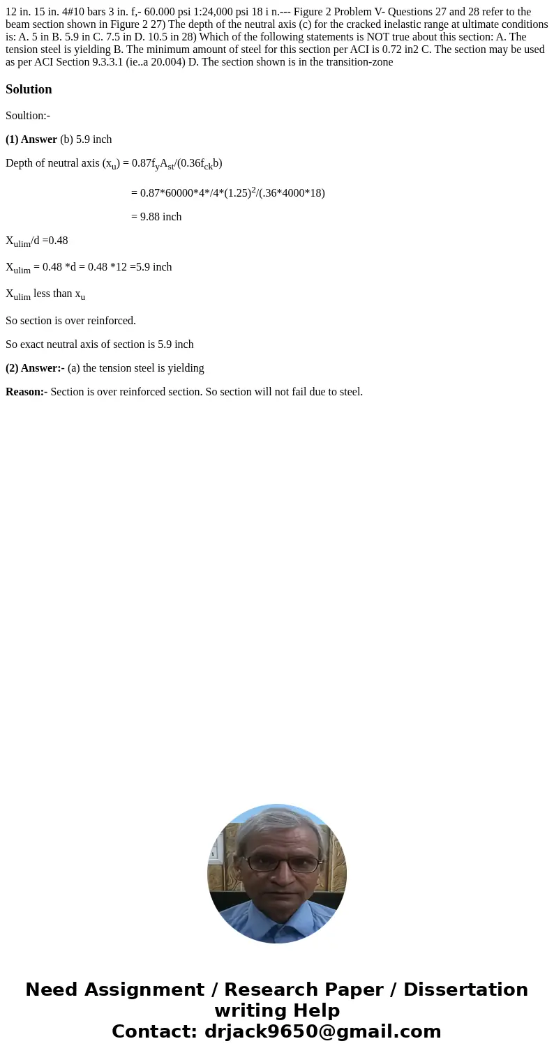 12 in. 15 in. 4#10 bars 3 in. f,- 60.000 psi 1:24,000 psi 18 i n.--- Figure 2 Problem V- Questions 27 and 28 refer to the beam section shown in Figure 2 27) Th  12 in. 15 in. 4#10 bars 3 in. f,- 60.000 psi 1:24,000 psi 18 i n.--- Figure 2 Problem V- Questions 27 and 28 refer to the beam section shown in Figure 2 27) Th
