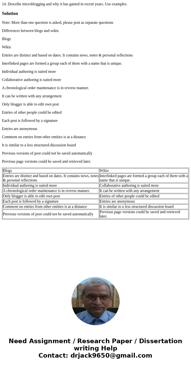 14. Describe microblogging and why it has gained in recent years. Use examples.SolutionNote: More than one question is asked, please post as separate questions  14. Describe microblogging and why it has gained in recent years. Use examples.SolutionNote: More than one question is asked, please post as separate questions