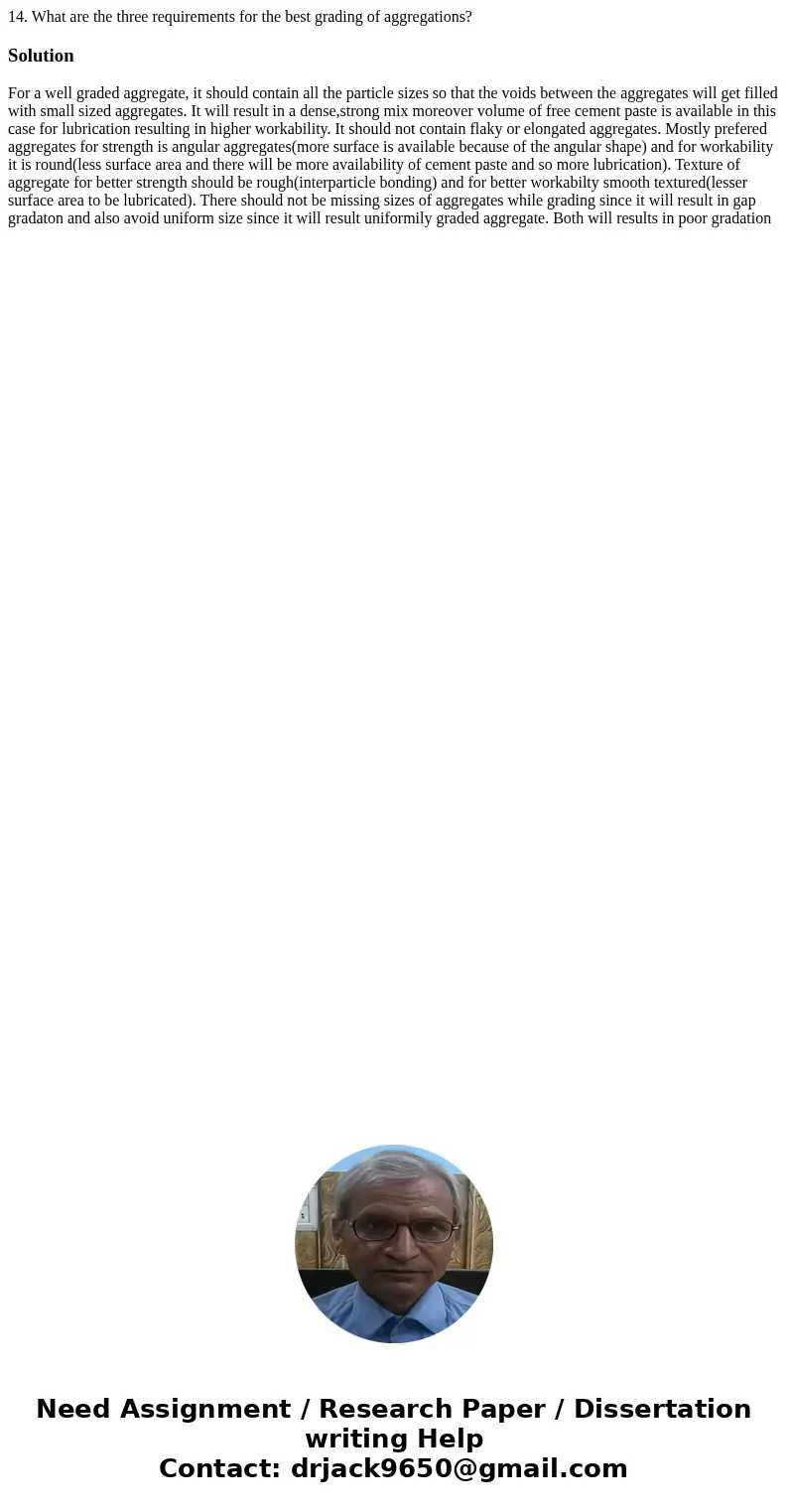 14. What are the three requirements for the best grading of aggregations? Solution For a well graded aggregate, it should contain all the particle sizes so tha  14. What are the three requirements for the best grading of aggregations? Solution For a well graded aggregate, it should contain all the particle sizes so tha