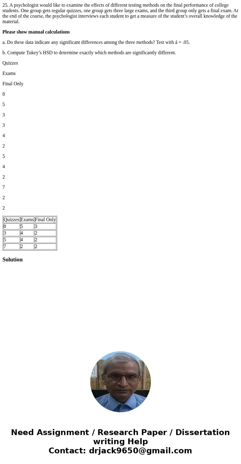25. A psychologist would like to examine the effects of different testing methods on the final performance of college students. One group gets regular quizzes,  25. A psychologist would like to examine the effects of different testing methods on the final performance of college students. One group gets regular quizzes,