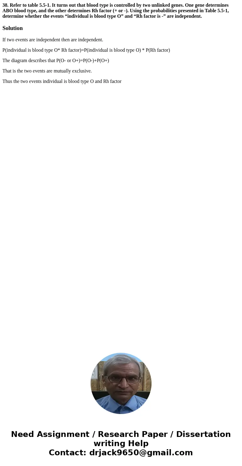 38. Refer to table 5.5-1. It turns out that blood type is controlled by two unlinked genes. One gene determines ABO blood type, and the other determines Rh fact 38. Refer to table 5.5-1. It turns out that blood type is controlled by two unlinked genes. One gene determines ABO blood type, and the other determines Rh fact