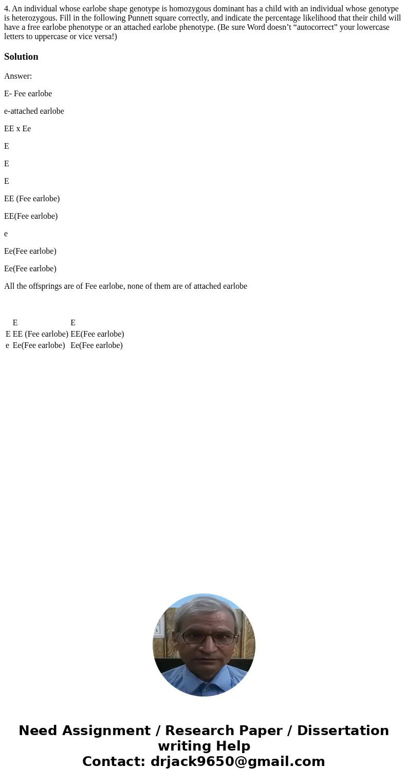 4. An individual whose earlobe shape genotype is homozygous dominant has a child with an individual whose genotype is heterozygous. Fill in the following Punnet