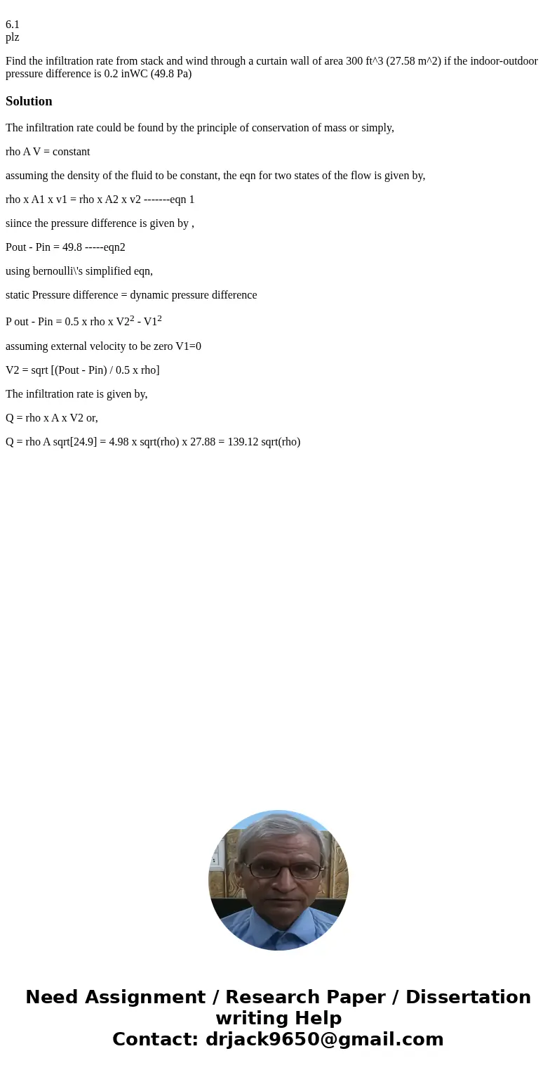 6.1 plz Find the infiltration rate from stack and wind through a curtain wall of area 300 ft^3 (27.58 m^2) if the indoor-outdoor pressure difference is 0.2 inW
