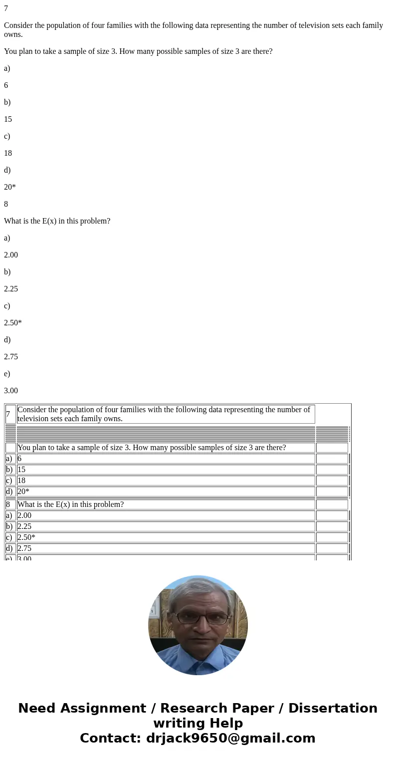 7 Consider the population of four families with the following data representing the number of television sets each family owns. You plan to take a sample of siz