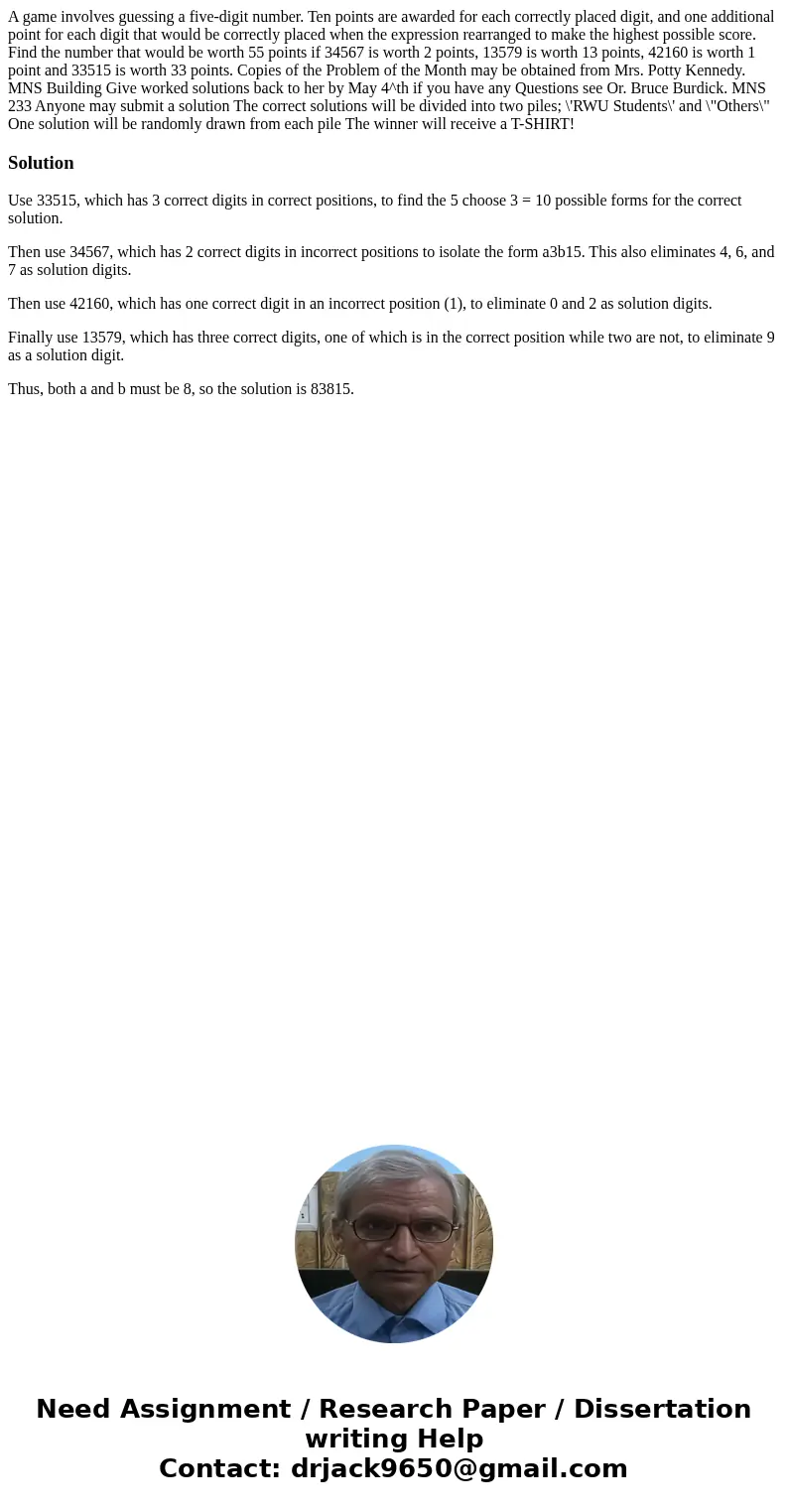 A game involves guessing a five-digit number. Ten points are awarded for each correctly placed digit, and one additional point for each digit that would be cor  A game involves guessing a five-digit number. Ten points are awarded for each correctly placed digit, and one additional point for each digit that would be cor