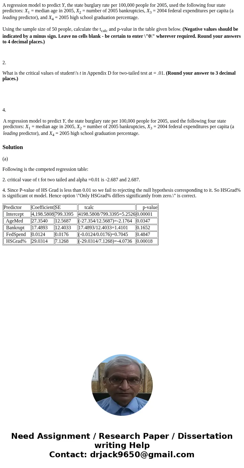 A regression model to predict Y, the state burglary rate per 100,000 people for 2005, used the following four state predictors: X1 = median age in 2005, X2 = nu A regression model to predict Y, the state burglary rate per 100,000 people for 2005, used the following four state predictors: X1 = median age in 2005, X2 = nu