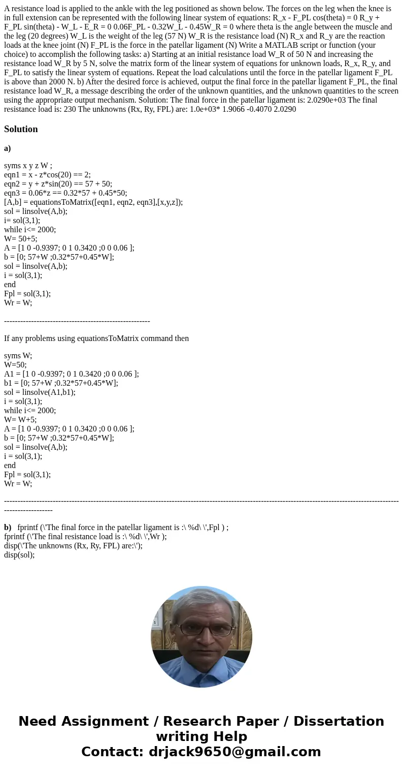  A resistance load is applied to the ankle with the leg positioned as shown below. The forces on the leg when the knee is in full extension can be represented w