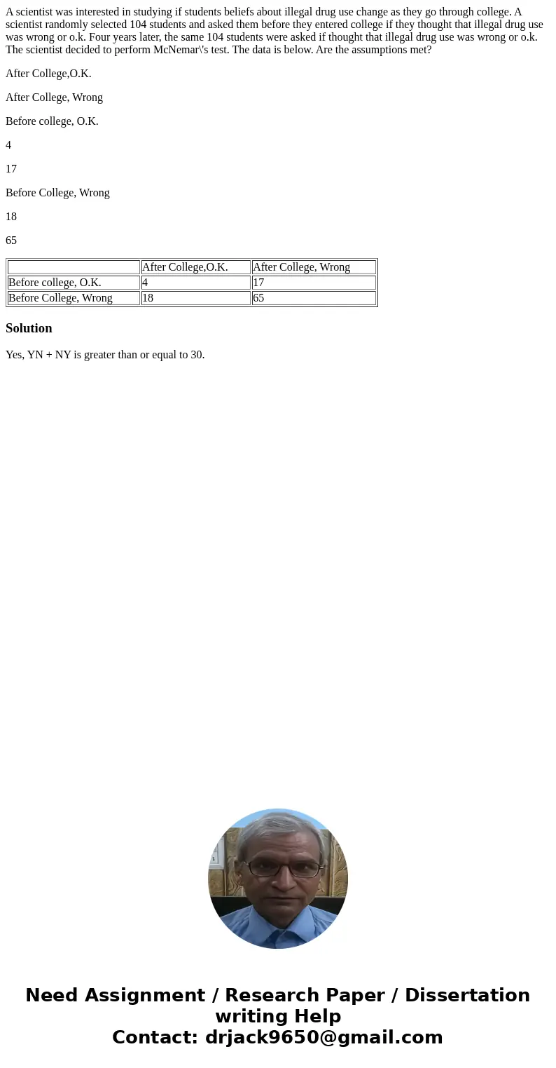 A scientist was interested in studying if students beliefs about illegal drug use change as they go through college. A scientist randomly selected 104 students  A scientist was interested in studying if students beliefs about illegal drug use change as they go through college. A scientist randomly selected 104 students