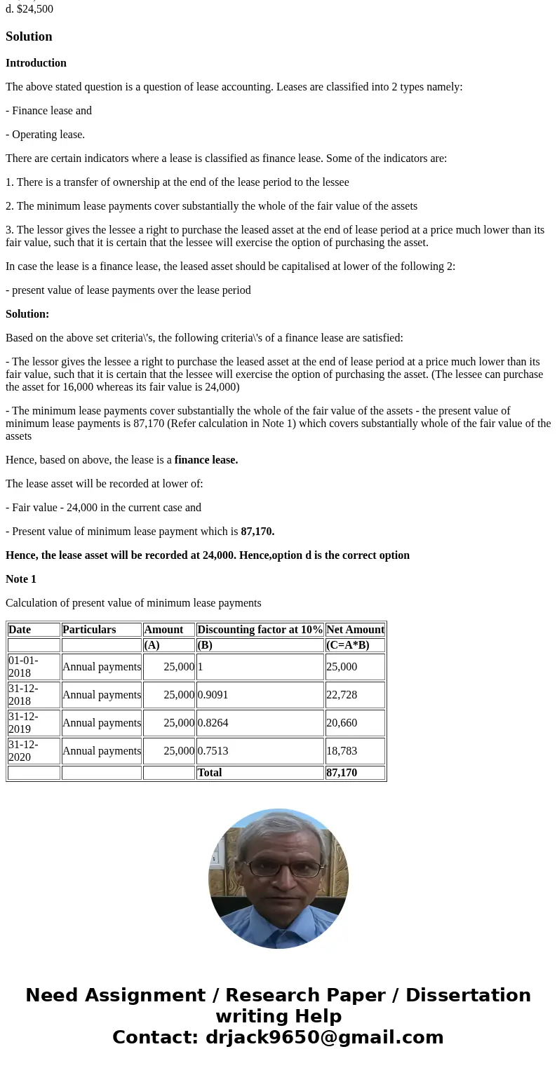 ABC Company leased a tooling machine on January 1, 2018, for a four-year period ending December 31, 2021. The lease agreement specified annual payments of $25,0 ABC Company leased a tooling machine on January 1, 2018, for a four-year period ending December 31, 2021. The lease agreement specified annual payments of $25,0