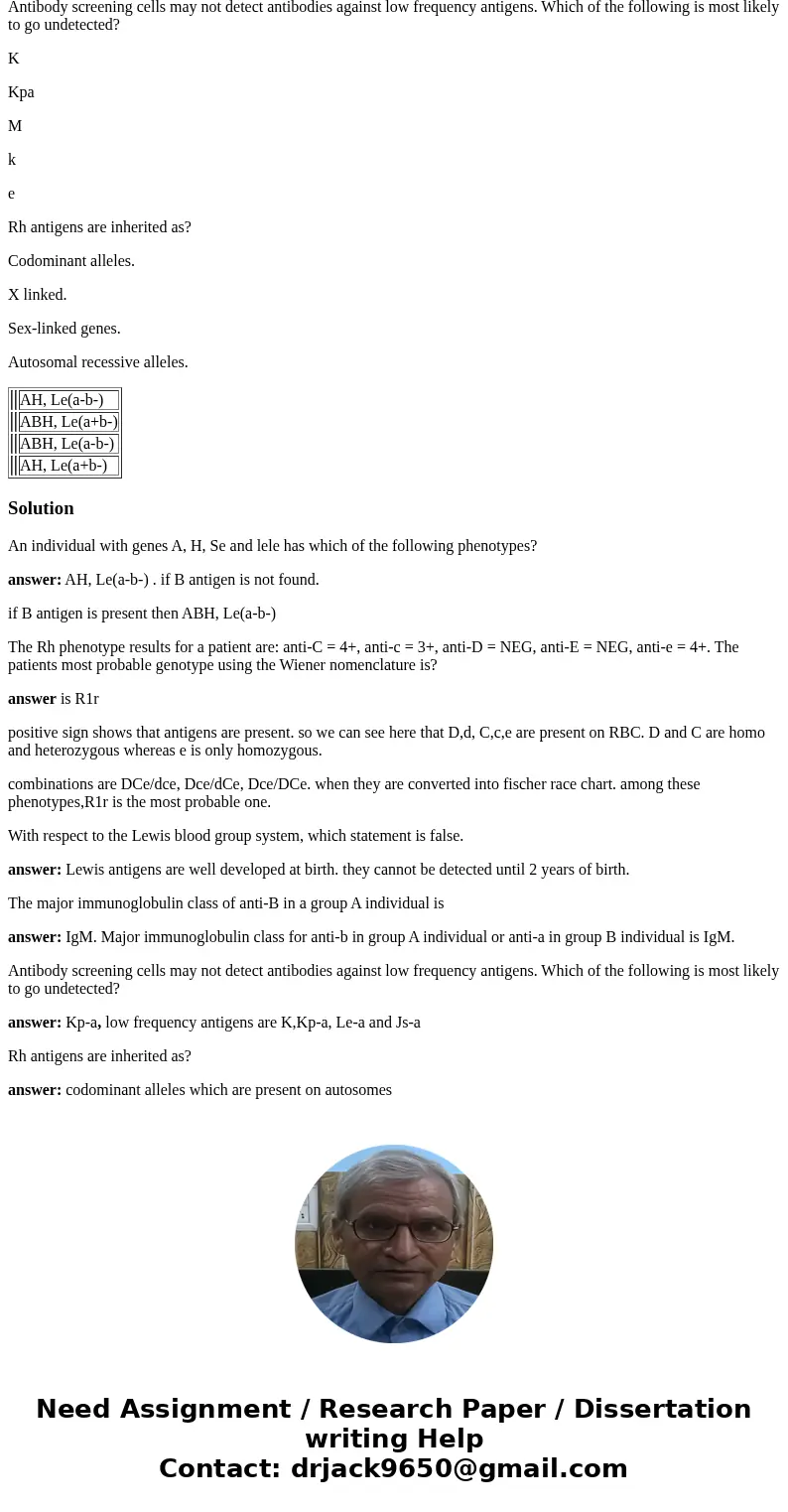 An individual with genes A, H, Se and lele has which of the following phenotypes? AH, Le(a-b-) ABH, Le(a+b-) ABH, Le(a-b-) AH, Le(a+b-) The Rh phenotype results An individual with genes A, H, Se and lele has which of the following phenotypes? AH, Le(a-b-) ABH, Le(a+b-) ABH, Le(a-b-) AH, Le(a+b-) The Rh phenotype results