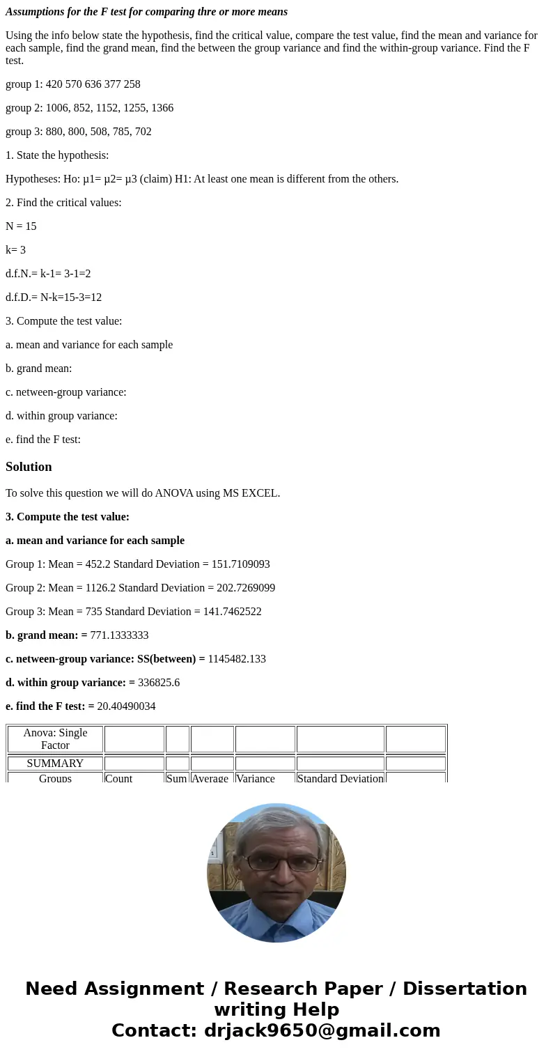 Assumptions for the F test for comparing thre or more means Using the info below state the hypothesis, find the critical value, compare the test value, find the Assumptions for the F test for comparing thre or more means Using the info below state the hypothesis, find the critical value, compare the test value, find the