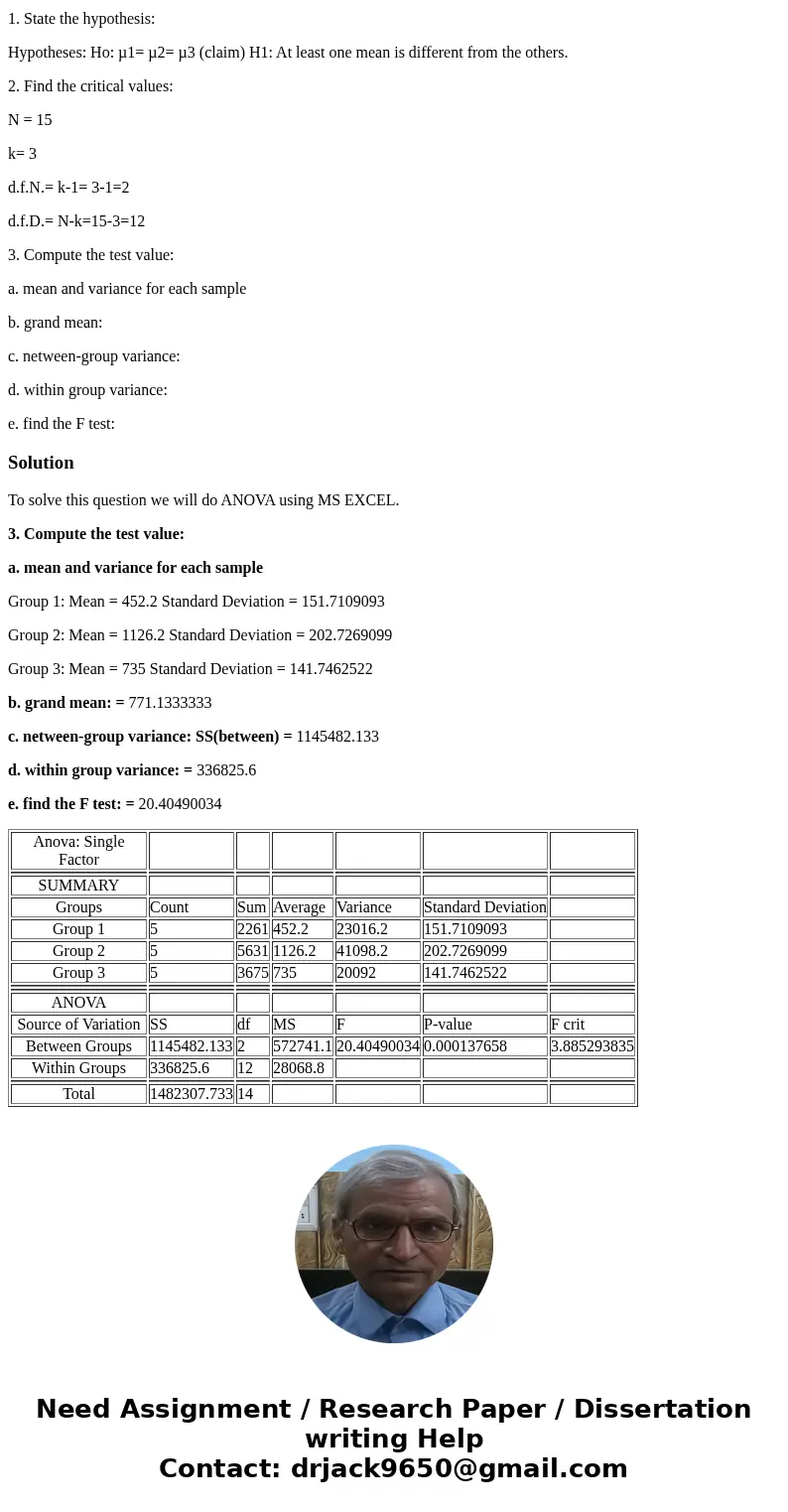 Assumptions for the F test for comparing thre or more means Using the info below state the hypothesis, find the critical value, compare the test value, find the Assumptions for the F test for comparing thre or more means Using the info below state the hypothesis, find the critical value, compare the test value, find the