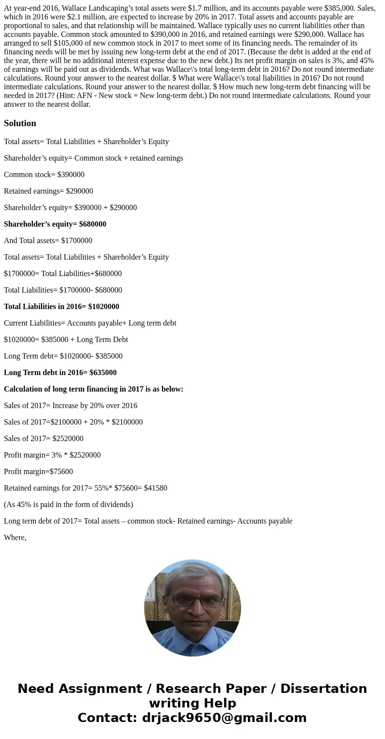 At year-end 2016, Wallace Landscaping’s total assets were $1.7 million, and its accounts payable were $385,000. Sales, which in 2016 were $2.1 million, are expe At year-end 2016, Wallace Landscaping’s total assets were $1.7 million, and its accounts payable were $385,000. Sales, which in 2016 were $2.1 million, are expe