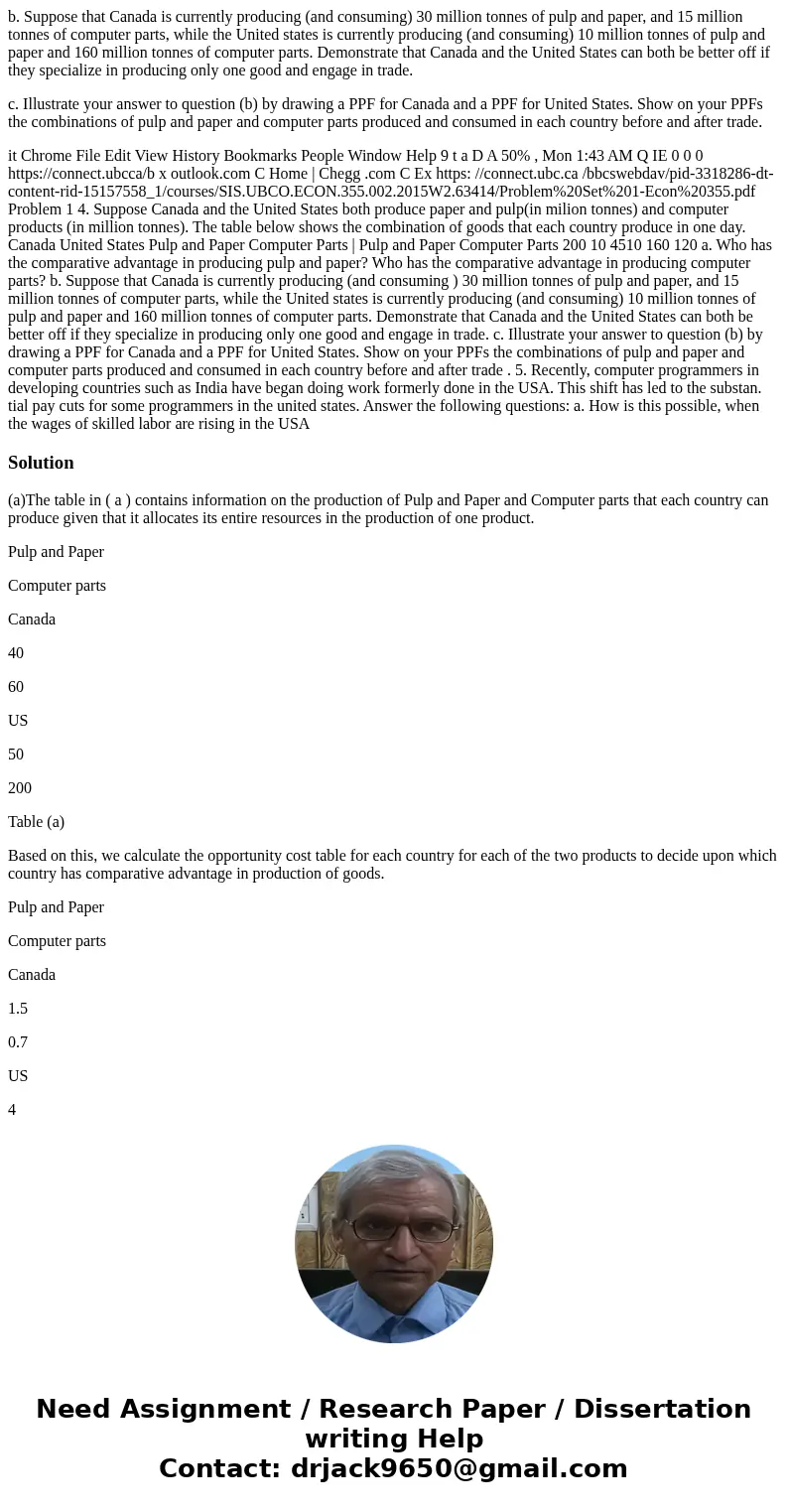 b. Suppose that Canada is currently producing (and consuming) 30 million tonnes of pulp and paper, and 15 million tonnes of computer parts, while the United sta b. Suppose that Canada is currently producing (and consuming) 30 million tonnes of pulp and paper, and 15 million tonnes of computer parts, while the United sta