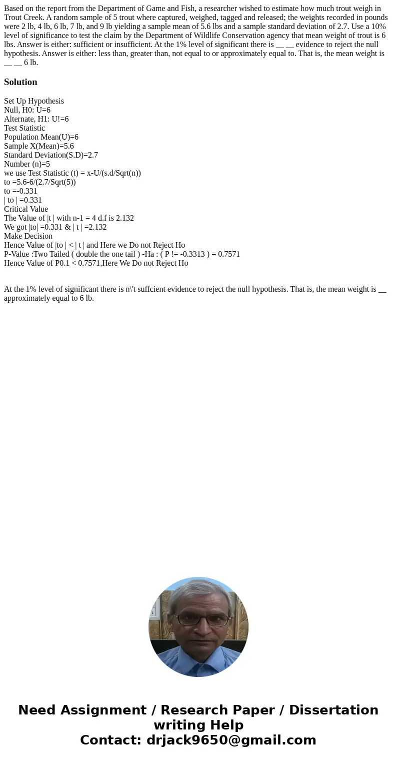 Based on the report from the Department of Game and Fish, a researcher wished to estimate how much trout weigh in Trout Creek. A random sample of 5 trout where  Based on the report from the Department of Game and Fish, a researcher wished to estimate how much trout weigh in Trout Creek. A random sample of 5 trout where