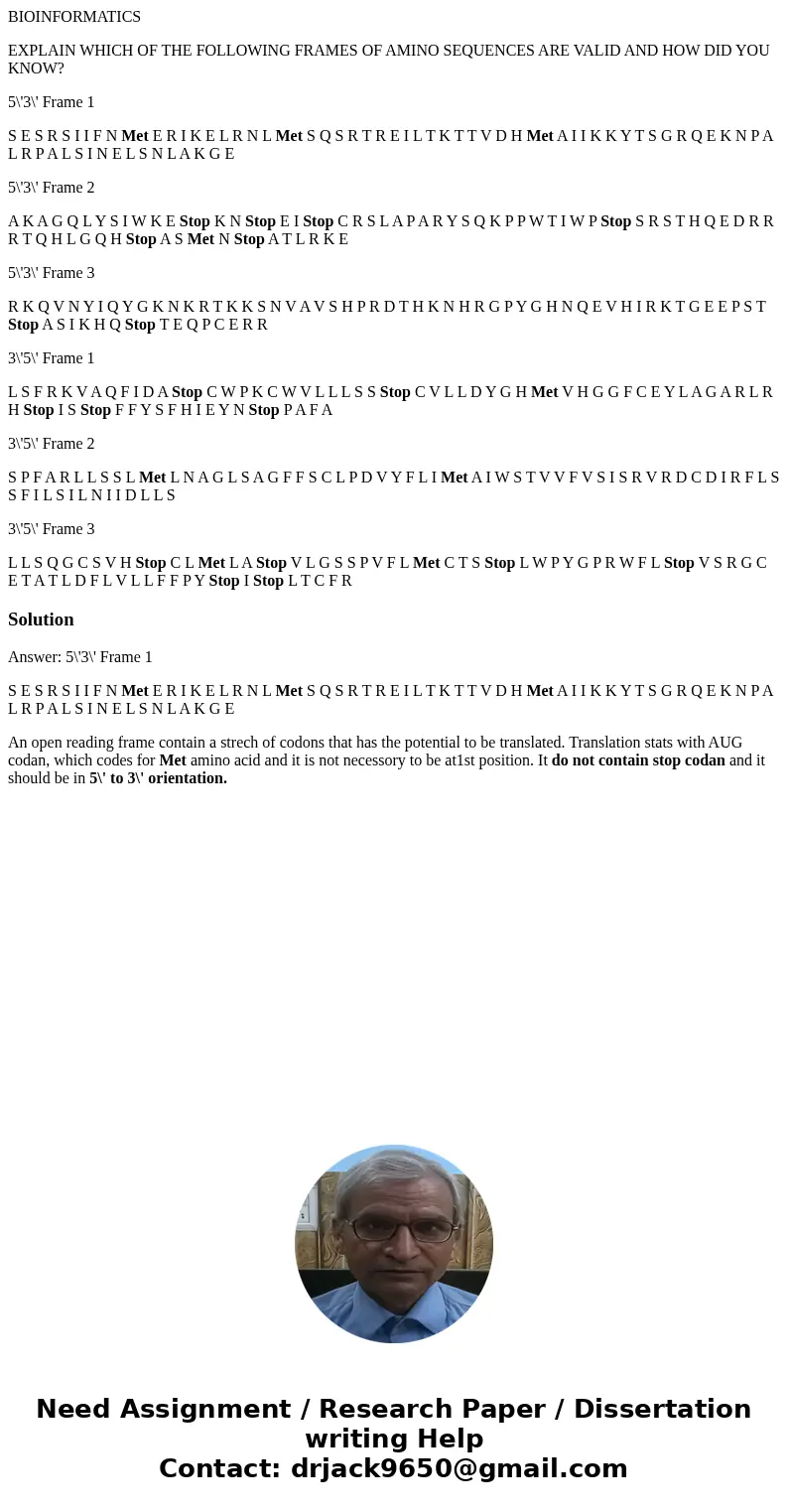 BIOINFORMATICS EXPLAIN WHICH OF THE FOLLOWING FRAMES OF AMINO SEQUENCES ARE VALID AND HOW DID YOU KNOW? 5\'3\' Frame 1 S E S R S I I F N Met E R I K E L R N L M