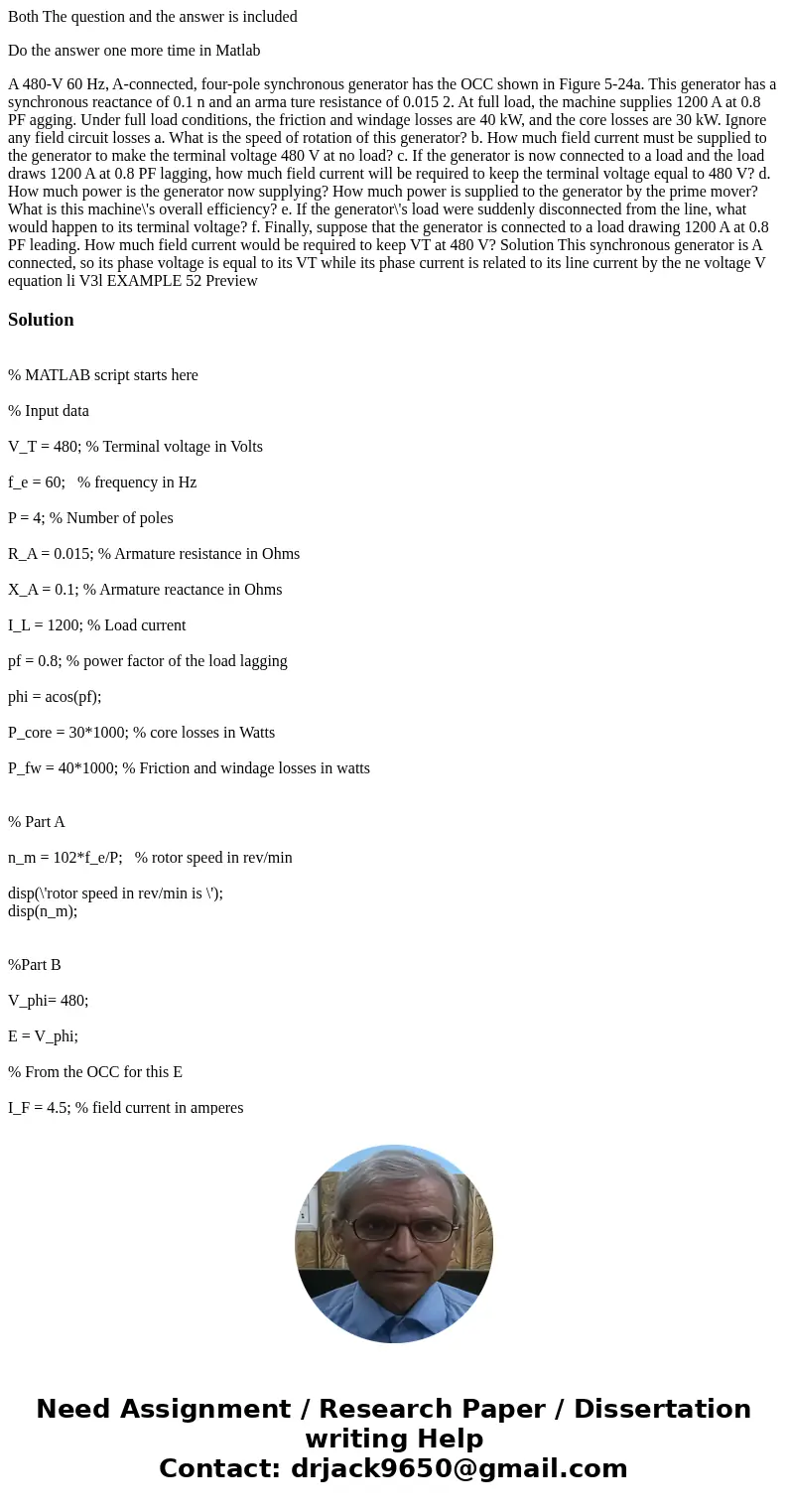 Both The question and the answer is included Do the answer one more time in Matlab A 480-V 60 Hz, A-connected, four-pole synchronous generator has the OCC shown Both The question and the answer is included Do the answer one more time in Matlab A 480-V 60 Hz, A-connected, four-pole synchronous generator has the OCC shown