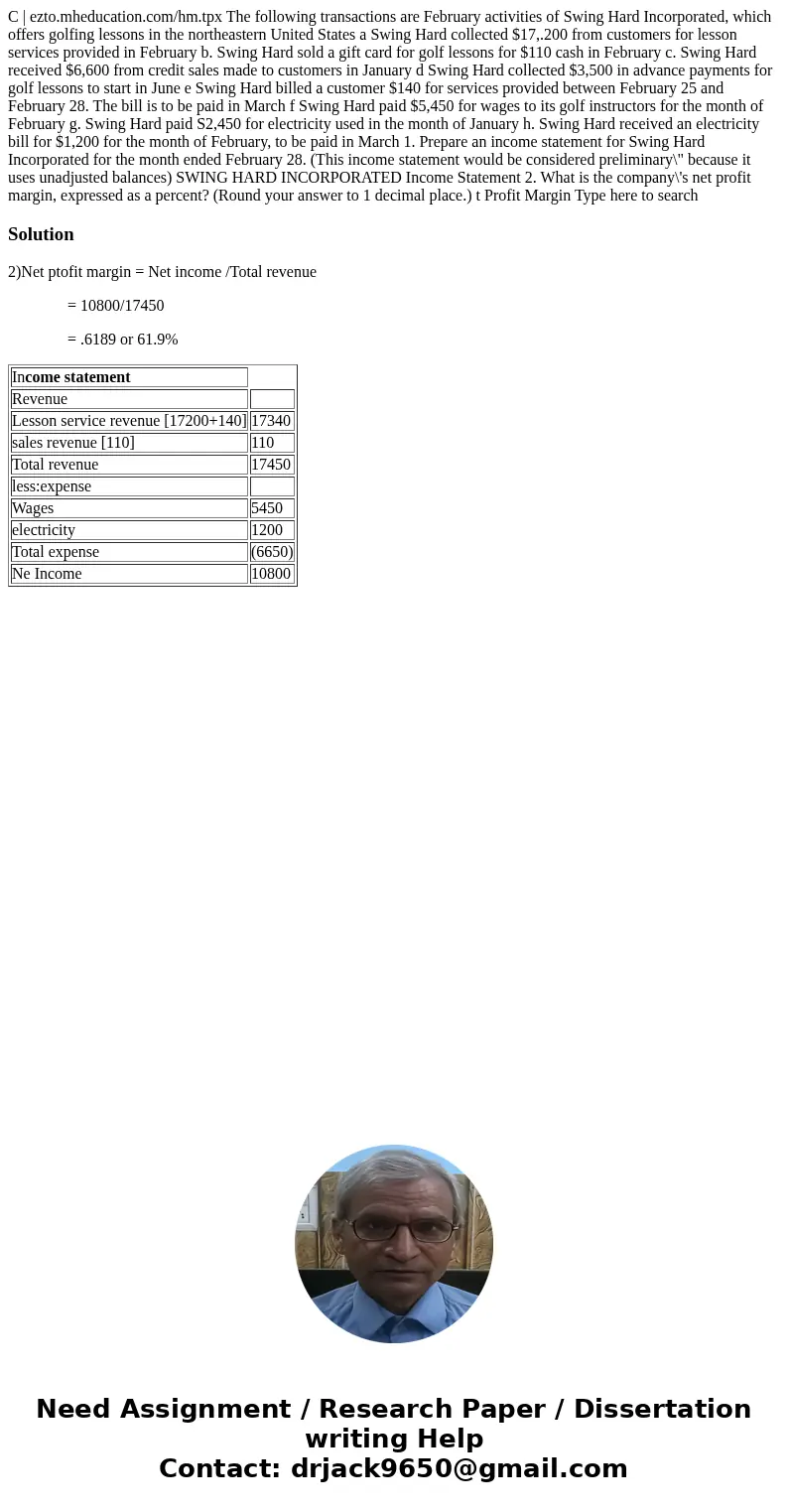  C | ezto.mheducation.com/hm.tpx The following transactions are February activities of Swing Hard Incorporated, which offers golfing lessons in the northeastern