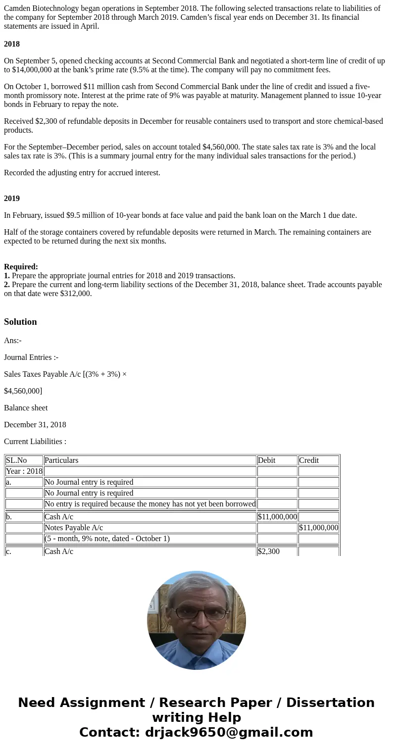 Camden Biotechnology began operations in September 2018. The following selected transactions relate to liabilities of the company for September 2018 through Mar Camden Biotechnology began operations in September 2018. The following selected transactions relate to liabilities of the company for September 2018 through Mar