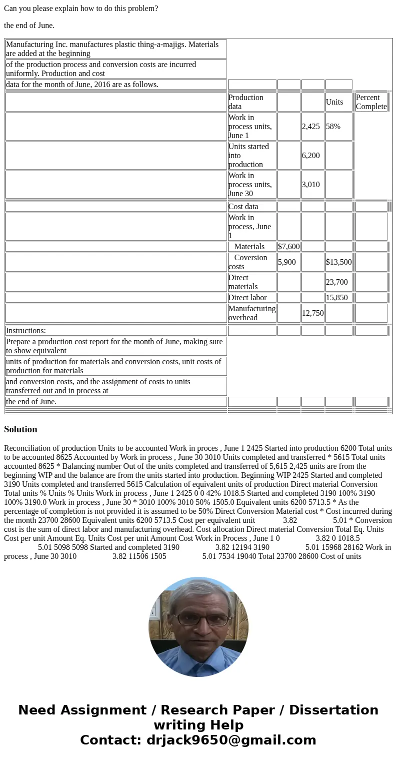 Can you please explain how to do this problem? the end of June. Manufacturing Inc. manufactures plastic thing-a-majigs. Materials are added at the beginning of 