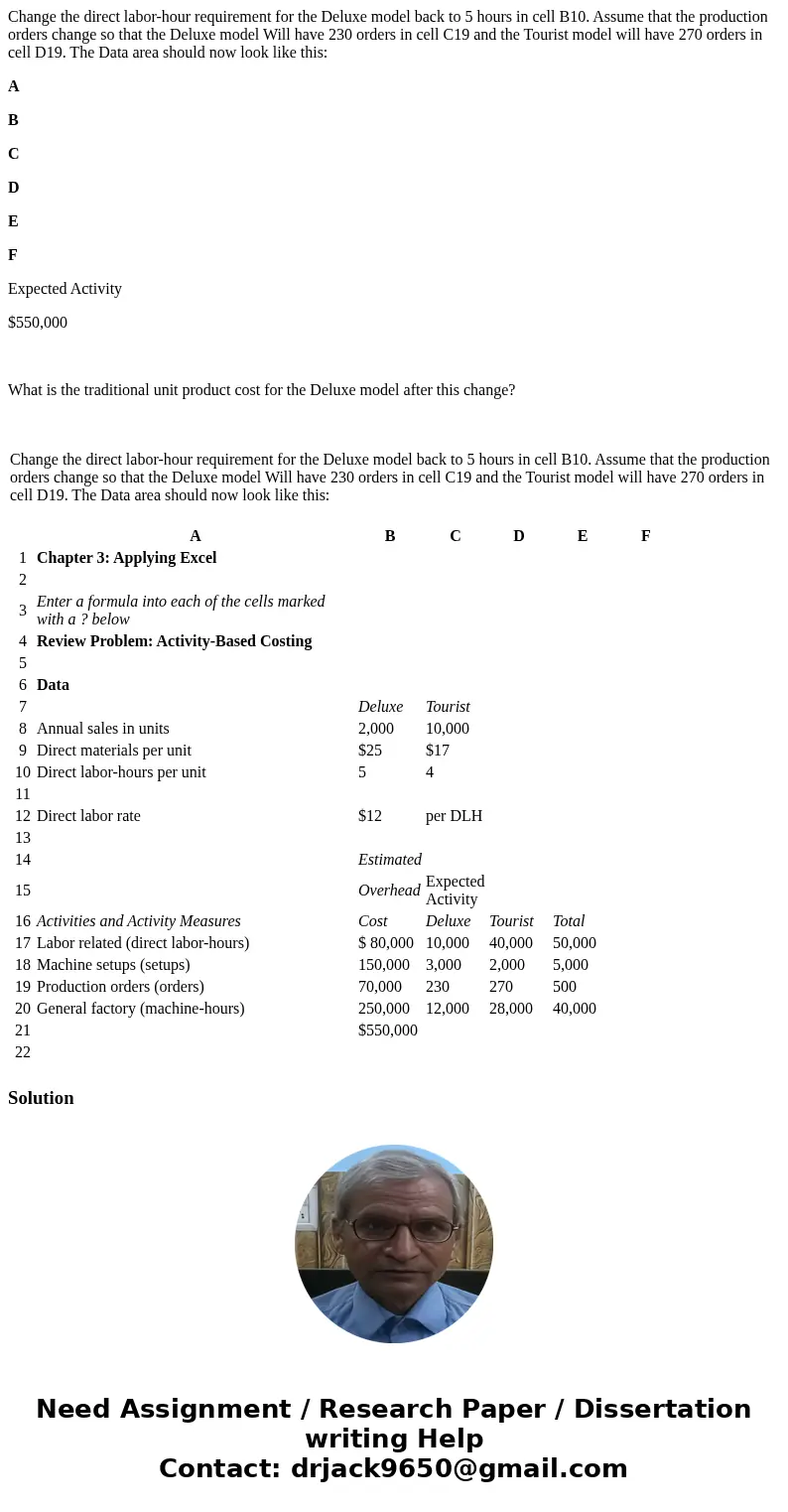 Change the direct labor-hour requirement for the Deluxe model back to 5 hours in cell B10. Assume that the production orders change so that the Deluxe model Wil