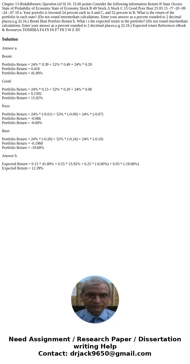 Chapter 13-Risk&Return; Question (of 0) 10. 15.00 points Consider the following information Return If State Occurs State of Probabilty of Economy State of   Chapter 13-Risk&Return; Question (of 0) 10. 15.00 points Consider the following information Return If State Occurs State of Probabilty of Economy State of
