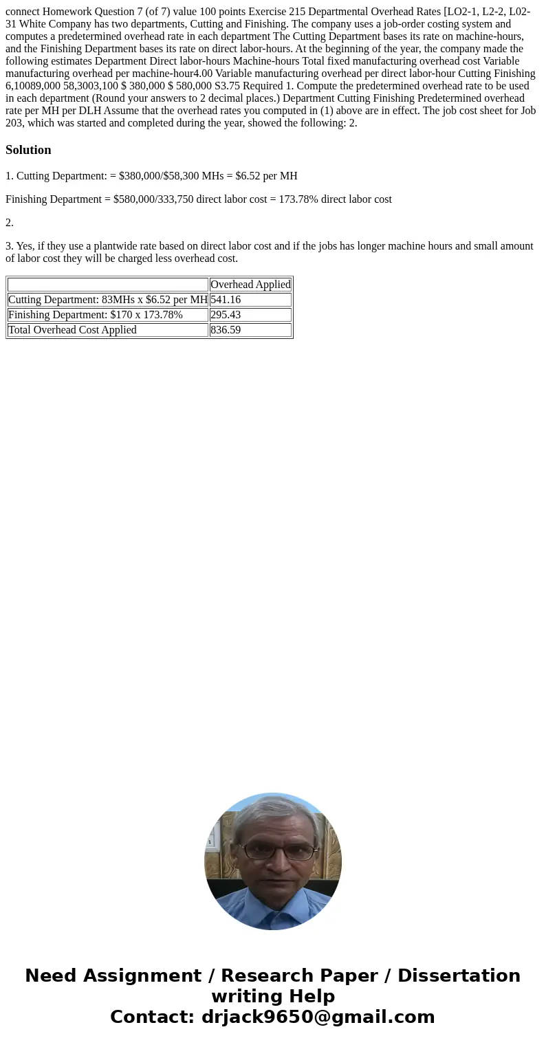 connect Homework Question 7 (of 7) value 100 points Exercise 215 Departmental Overhead Rates [LO2-1, L2-2, L02-31 White Company has two departments, Cutting an  connect Homework Question 7 (of 7) value 100 points Exercise 215 Departmental Overhead Rates [LO2-1, L2-2, L02-31 White Company has two departments, Cutting an