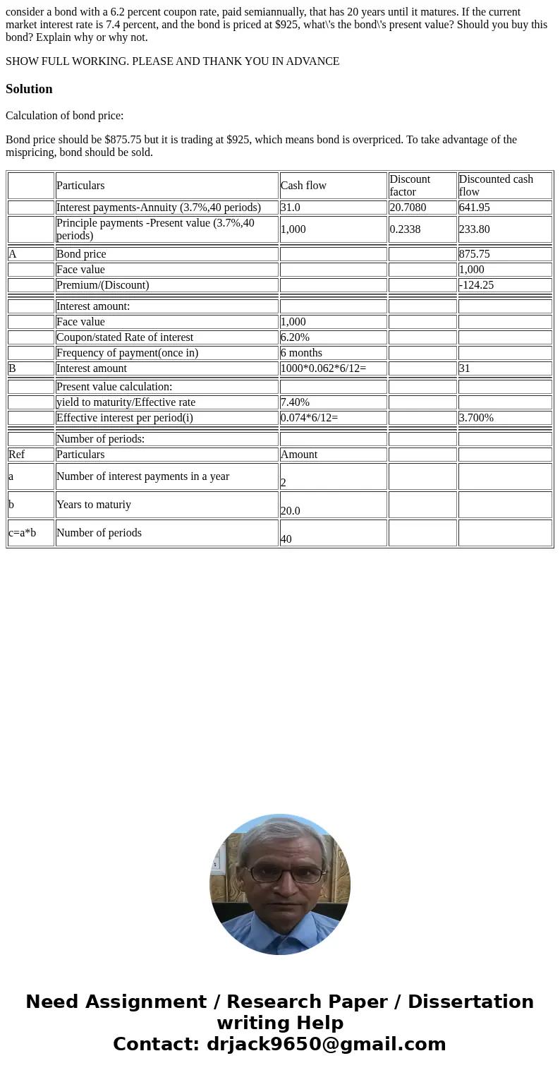 consider a bond with a 6.2 percent coupon rate, paid semiannually, that has 20 years until it matures. If the current market interest rate is 7.4 percent, and t consider a bond with a 6.2 percent coupon rate, paid semiannually, that has 20 years until it matures. If the current market interest rate is 7.4 percent, and t