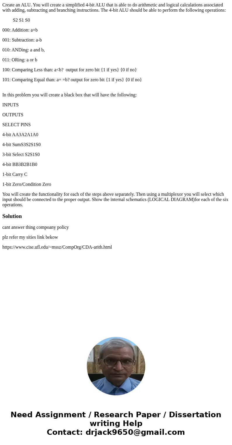Create an ALU. You will create a simplified 4-bit ALU that is able to do arithmetic and logical calculations associated with adding, subtracting and branching i Create an ALU. You will create a simplified 4-bit ALU that is able to do arithmetic and logical calculations associated with adding, subtracting and branching i