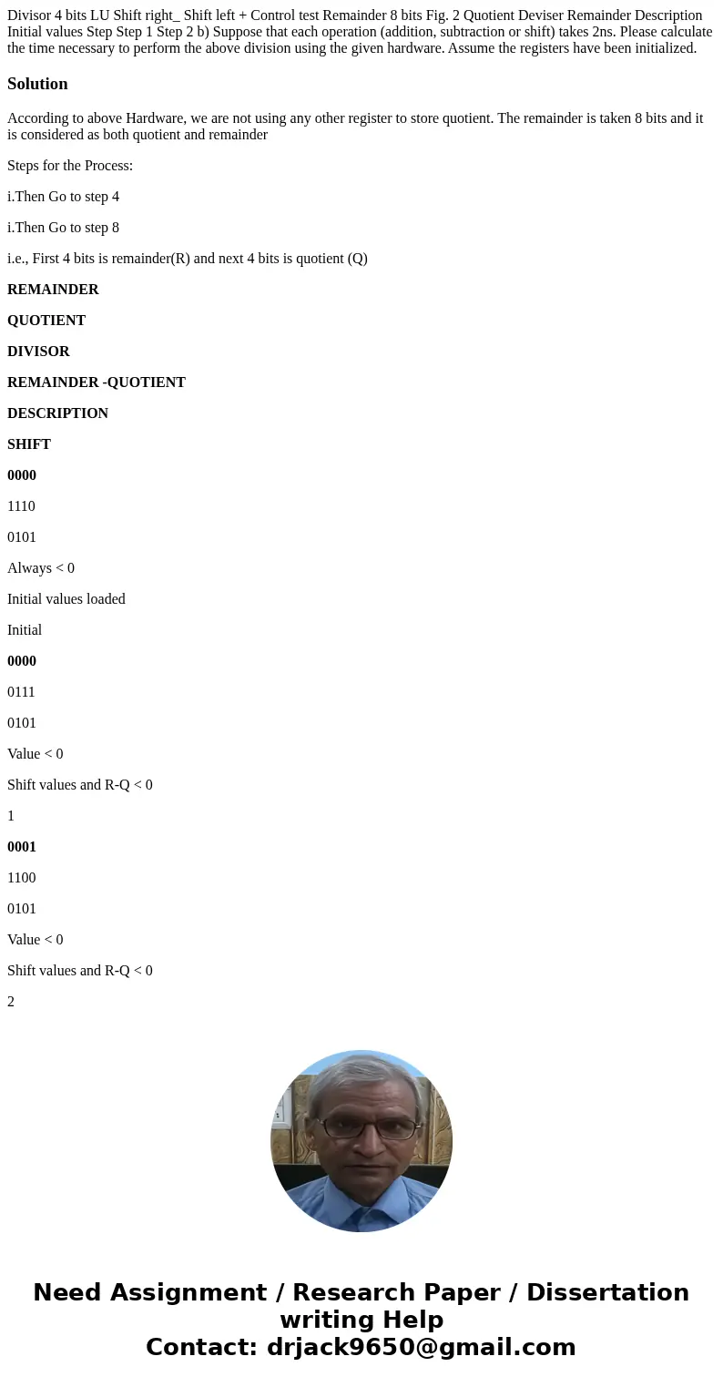 Divisor 4 bits LU Shift right_ Shift left + Control test Remainder 8 bits Fig. 2 Quotient Deviser Remainder Description Initial values Step Step 1 Step 2 b) Su  Divisor 4 bits LU Shift right_ Shift left + Control test Remainder 8 bits Fig. 2 Quotient Deviser Remainder Description Initial values Step Step 1 Step 2 b) Su