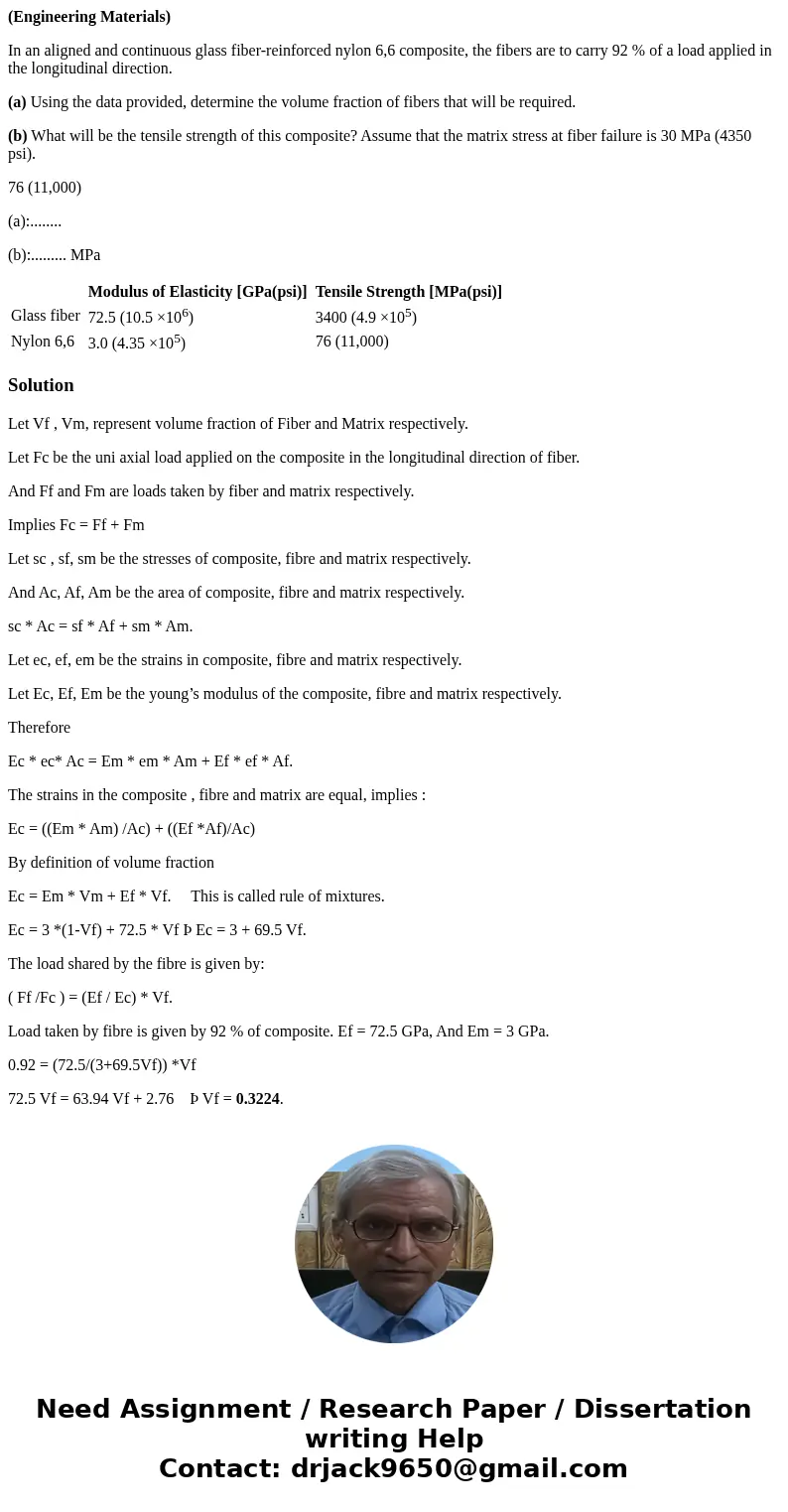 (Engineering Materials) In an aligned and continuous glass fiber-reinforced nylon 6,6 composite, the fibers are to carry 92 % of a load applied in the longitudi
