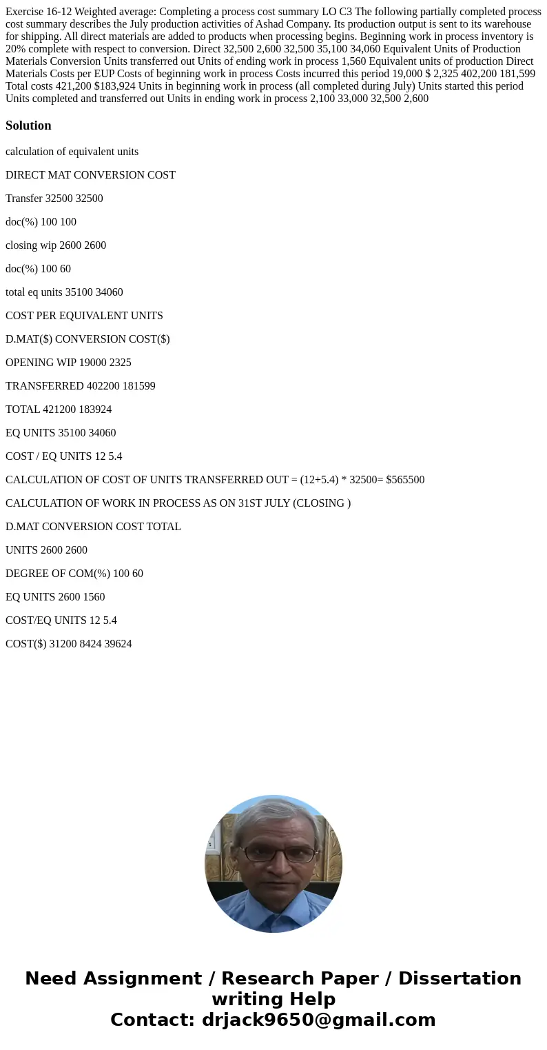 Exercise 16-12 Weighted average: Completing a process cost summary LO C3 The following partially completed process cost summary describes the July production a  Exercise 16-12 Weighted average: Completing a process cost summary LO C3 The following partially completed process cost summary describes the July production a