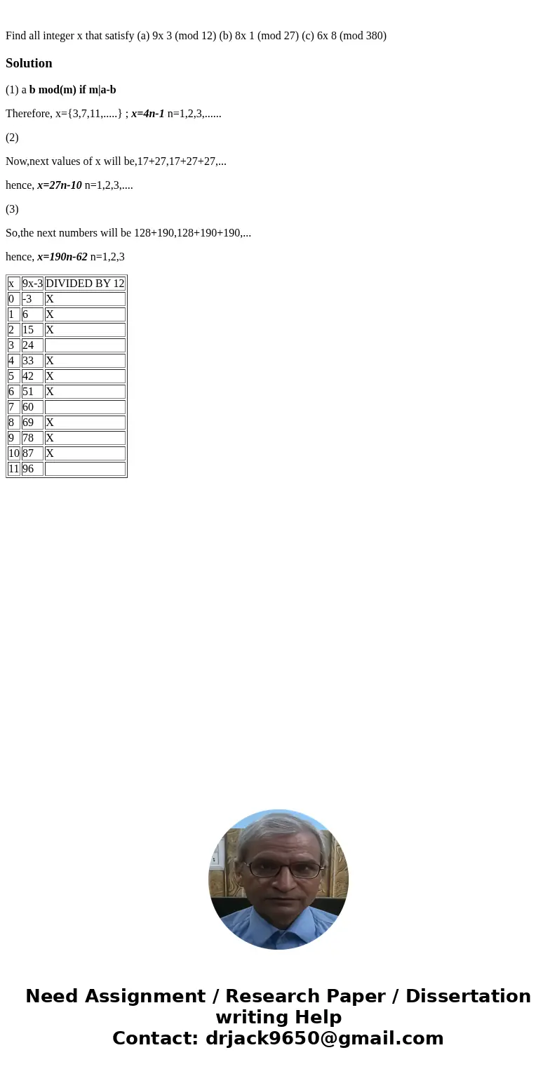 Find all integer x that satisfy (a) 9x 3 (mod 12) (b) 8x 1 (mod 27) (c) 6x 8 (mod 380)Solution(1) a b mod(m) if m|a-b Therefore, x={3,7,11,.....} ; x=4n-1 n=1,  Find all integer x that satisfy (a) 9x 3 (mod 12) (b) 8x 1 (mod 27) (c) 6x 8 (mod 380)Solution(1) a b mod(m) if m|a-b Therefore, x={3,7,11,.....} ; x=4n-1 n=1,