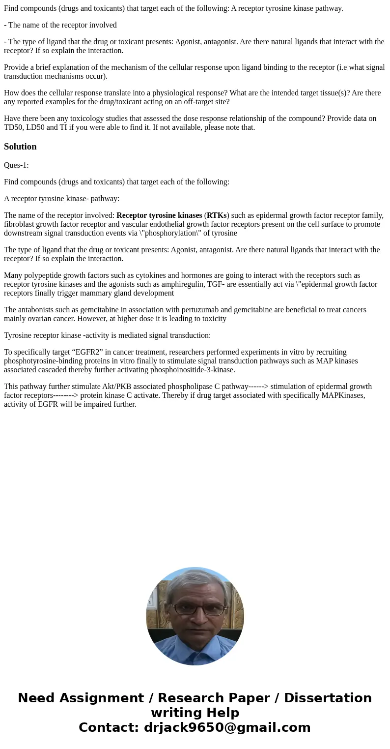 Find compounds (drugs and toxicants) that target each of the following: A receptor tyrosine kinase pathway. - The name of the receptor involved - The type of li Find compounds (drugs and toxicants) that target each of the following: A receptor tyrosine kinase pathway. - The name of the receptor involved - The type of li